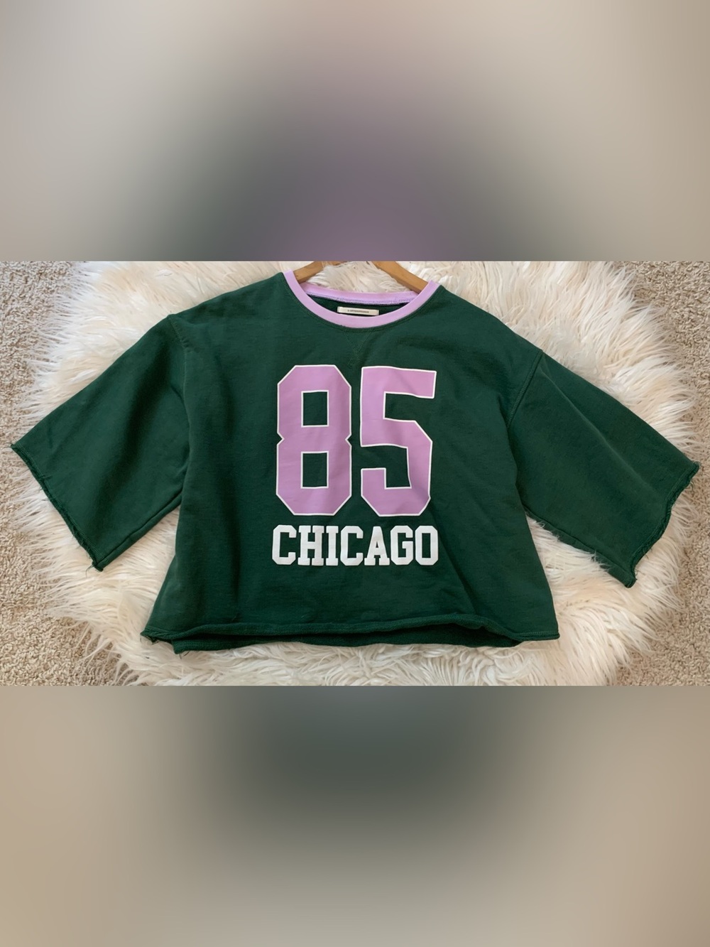Anthropologie Jersey Crop Top Chicago 85 Graphic Front Green Pink Size XL